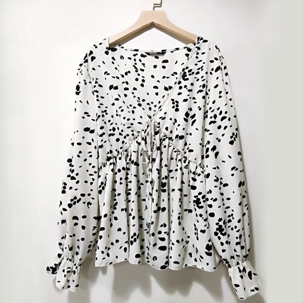 

Plus Allover Print Flounce Sleeve Peplum Blouse, White