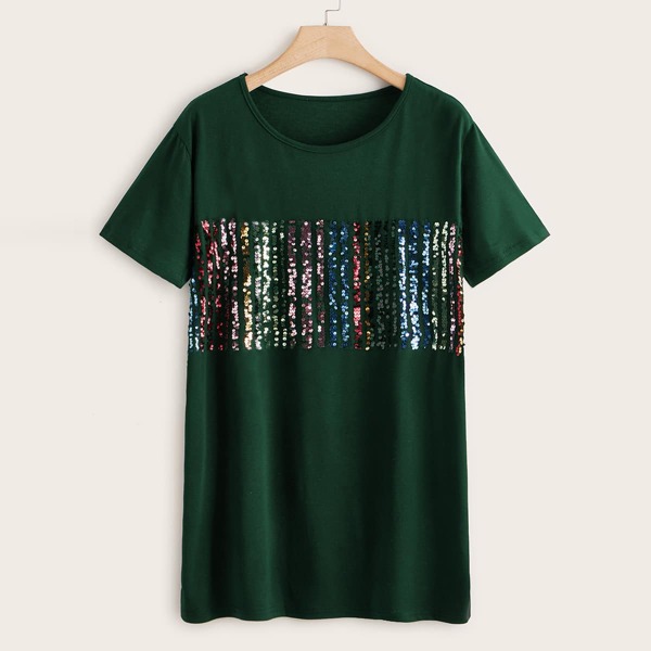 

Plus Contrast Colorful Sequin Tee, Dark green