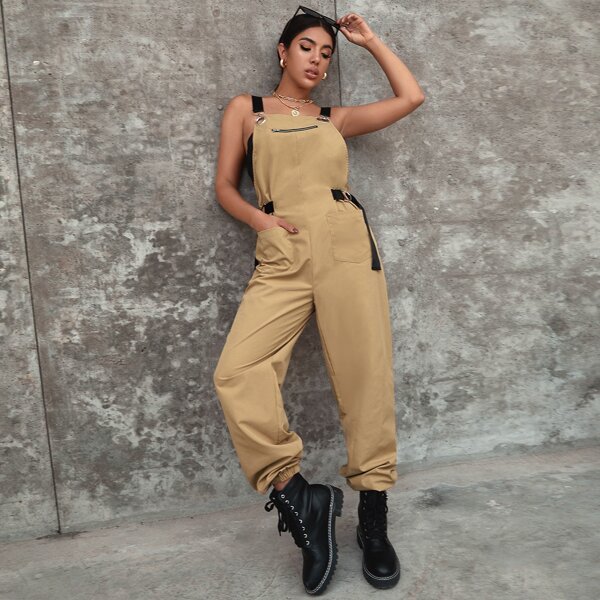 

Pocket Front Zip Detail Overall Jumpsuit, Khaki