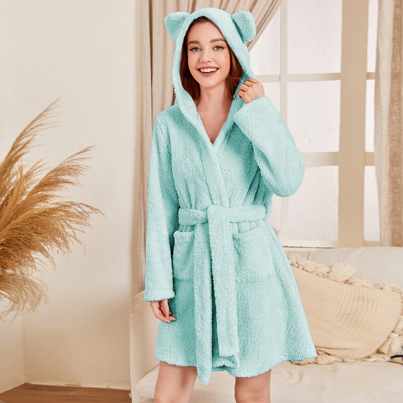 

3D Ear Design Self Tie Teddy Robe, Mint blue