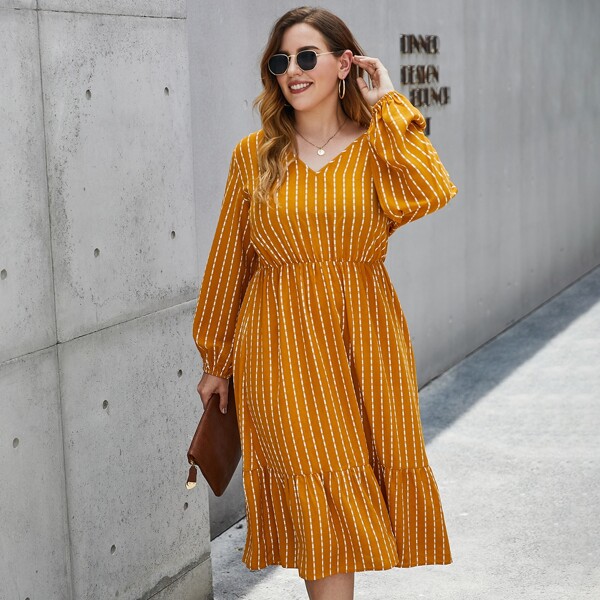 

Plus Bishop Sleeve Striped Ruffle Hem A-line Dress, Mustard yellow