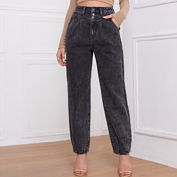 

High Waisted Button Fly Mom Jeans, Dark grey
