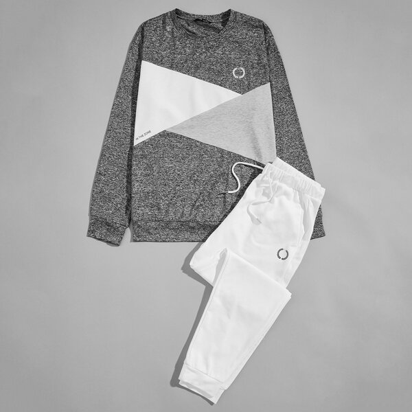 

Men Geo Print Color Block Pullover & Drawstring Sweatpants Set, Multicolor