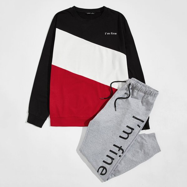 

Men Letter Graphic Color Block Pullover & Drawstring Sweatpants Set, Multicolor