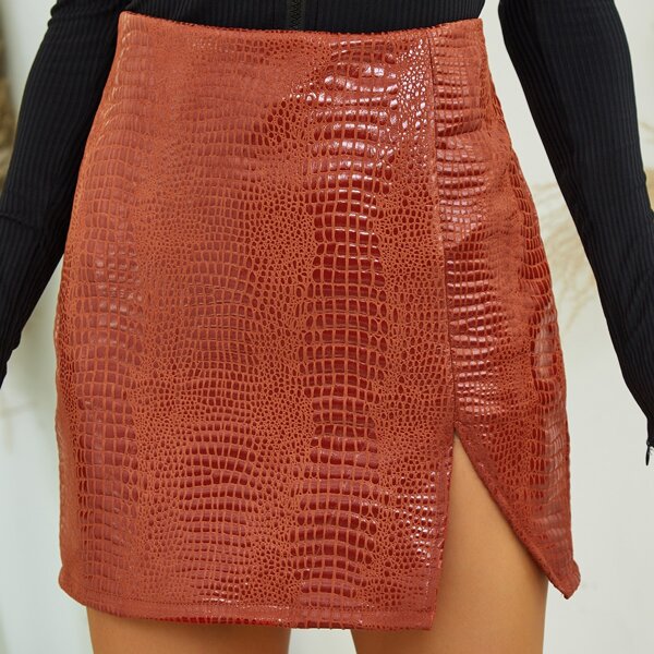 

High Waist Crocodile PU Leather Skirt, Burnt orange