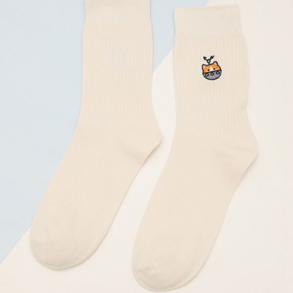 

Cartoon Embroidered Socks, White