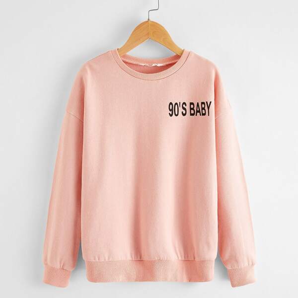 

Girls Letter Graphic Drop Shoulder Sweatshirt, Pastel coral pink