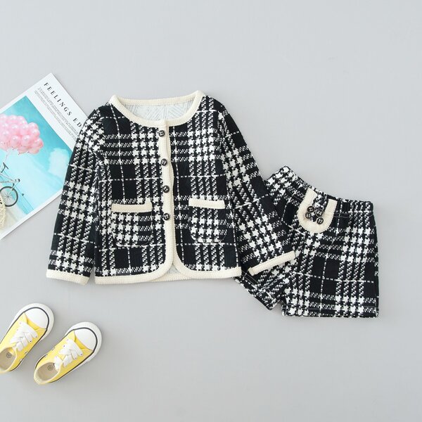 

Toddler Girls Plaid Dual Pocket Tweed Jacket & Shorts, Black and white