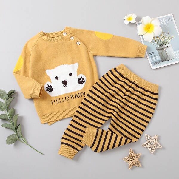 

Baby Unisex Cartoon And Striped Sweater & Knit Pants, Yellow
