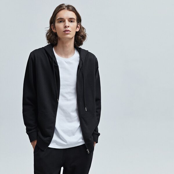 

Men Pocket Zip Up Drawstring Hoodie, Black