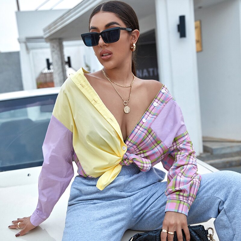 

Pocket Front Colorblock Plaid Blouse, Multicolor