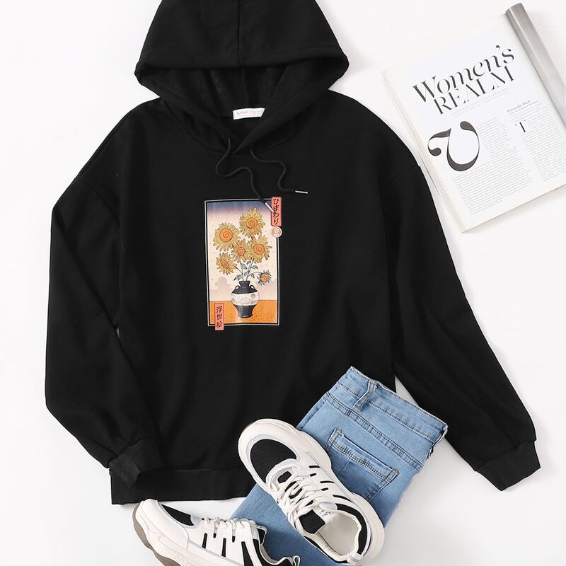 

ROMWE X Vincenttrinidadart Flower Graphic Hoodie, Black