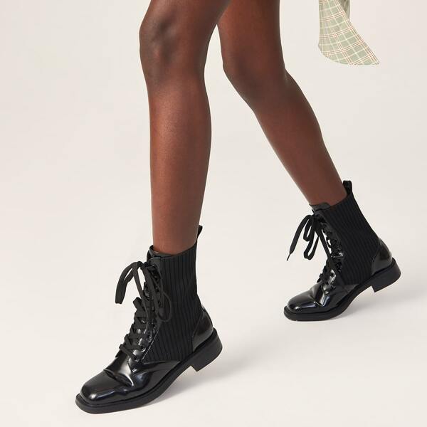 

MICROFIBER LEATHER MINIMALIST KNIT DETAIL LACE-UP BOOTS, Black