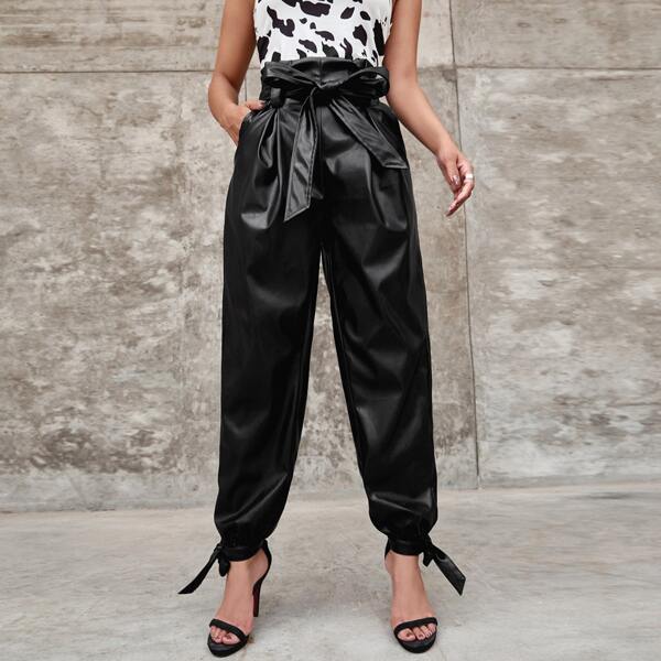 

Paperbag Waist Tie Hem Belted PU Leather Pants, Black