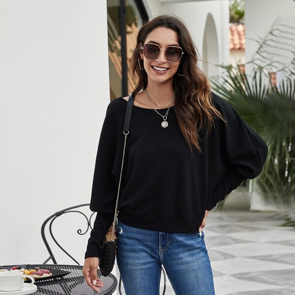 

Boat Neck Batwing Sleeve Pullover, Black