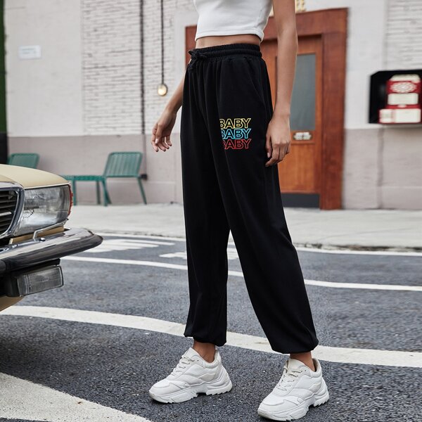 

Drawstring Waist Letter Graphic Sweatpants, Black