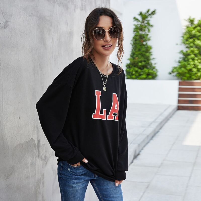 

Drop Shoulder Letter Graphic Pullover, Black