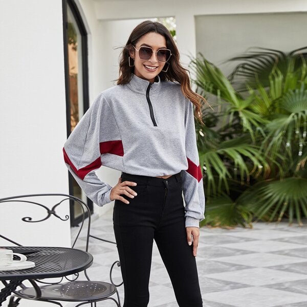 

Batwing Sleeve Zipper Half Placket Pullover, Light grey