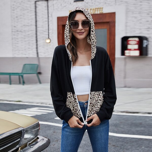 

Drop Shoulder Leopard Zip Up Hoodie, Black
