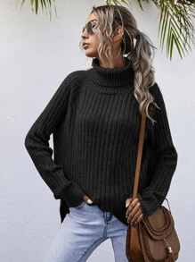 SHEIN LUNE Jersey tejido de canalé de cuello alto - Negro - Ver 7