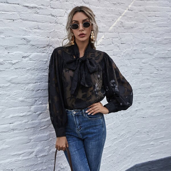 

Floral Pattern Tie Neck Sheer Blouse, Black