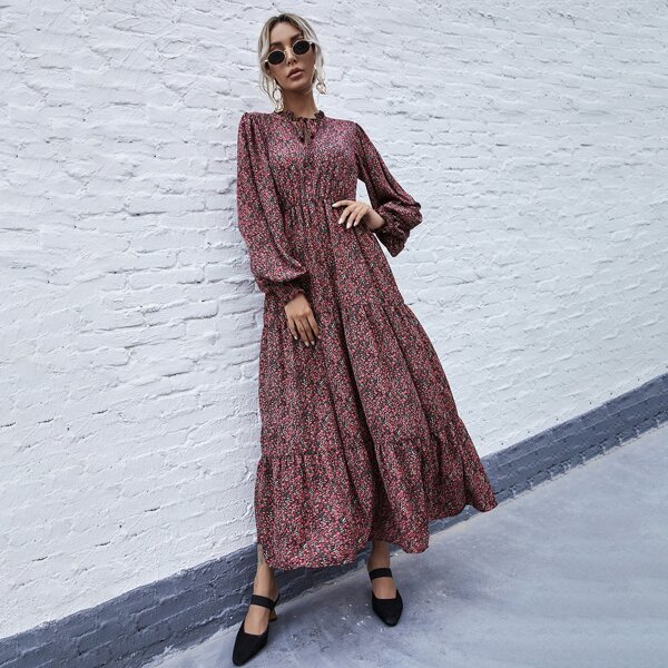 

Ditsy Floral Tie Neck Ruffle Hem Maxi Dress, Multicolor