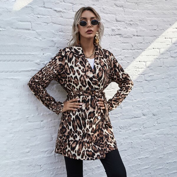 

Leopard Lapel Collar Belted Coat, Multicolor