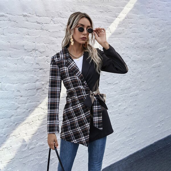 

Plaid Spliced Tie Front Blazer, Multicolor