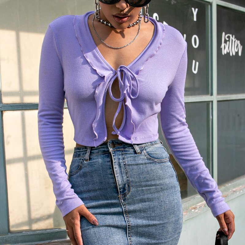 

Solid Lettuce Trim Knot Open Front Crop Top, Lilac purple