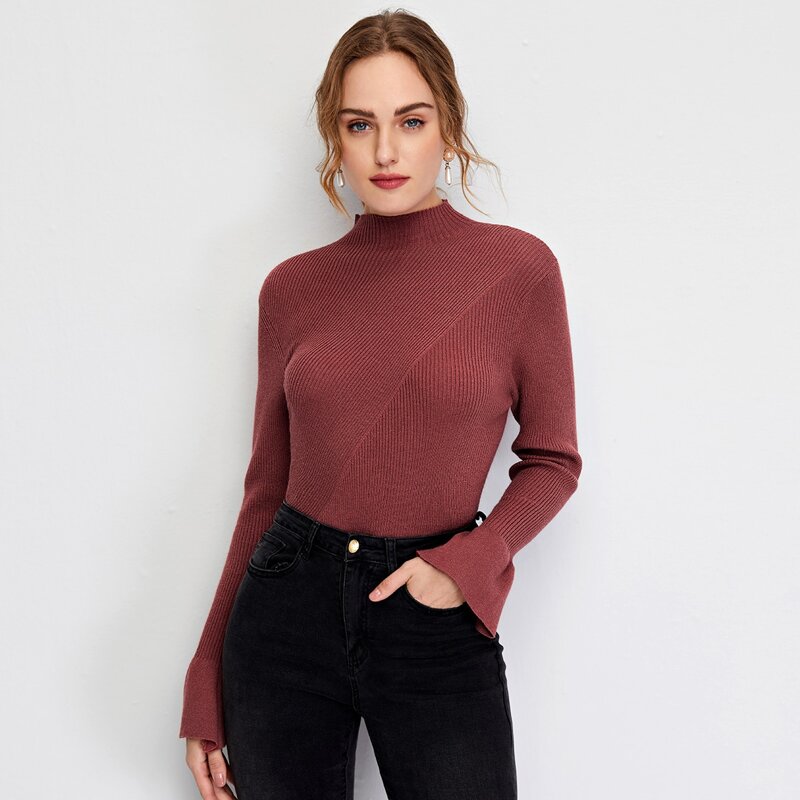 

Flounce Sleeve Rib-knit Sweater, Burgundy