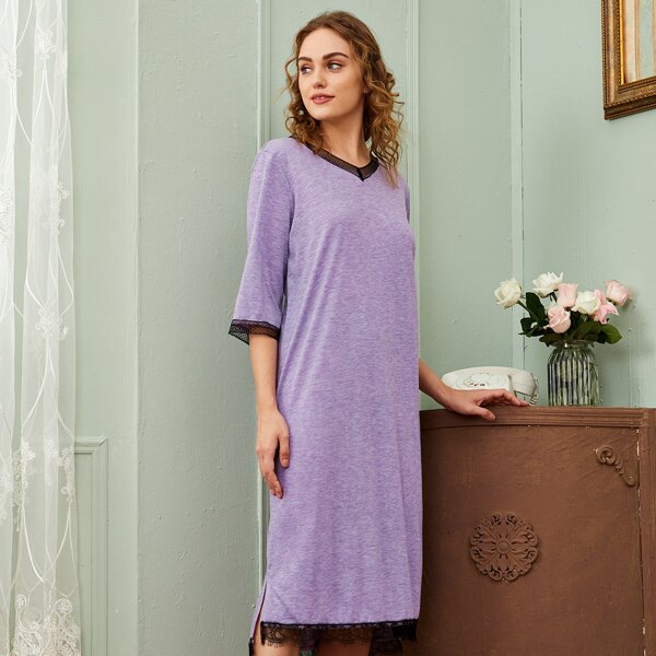 

Contrast Lace Trim Split Hem Night Dress, Mauve purple
