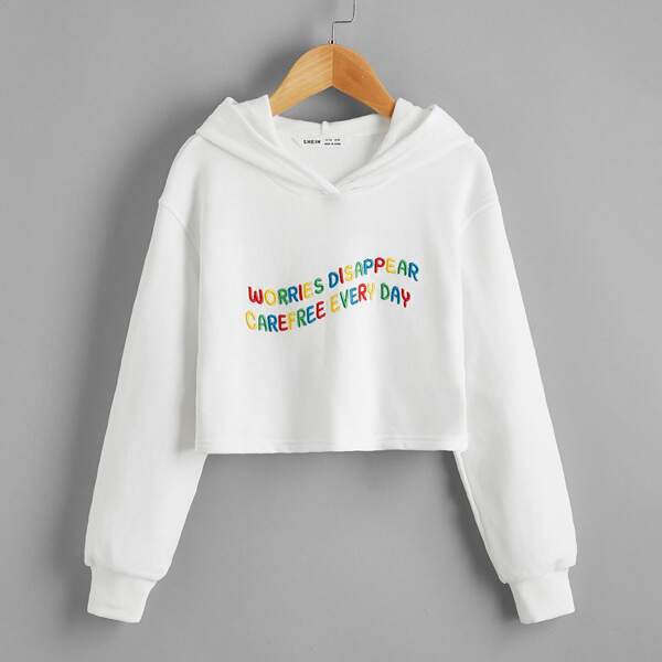 

Girls Slogan Embroidery Drop Shoulder Hoodie, White