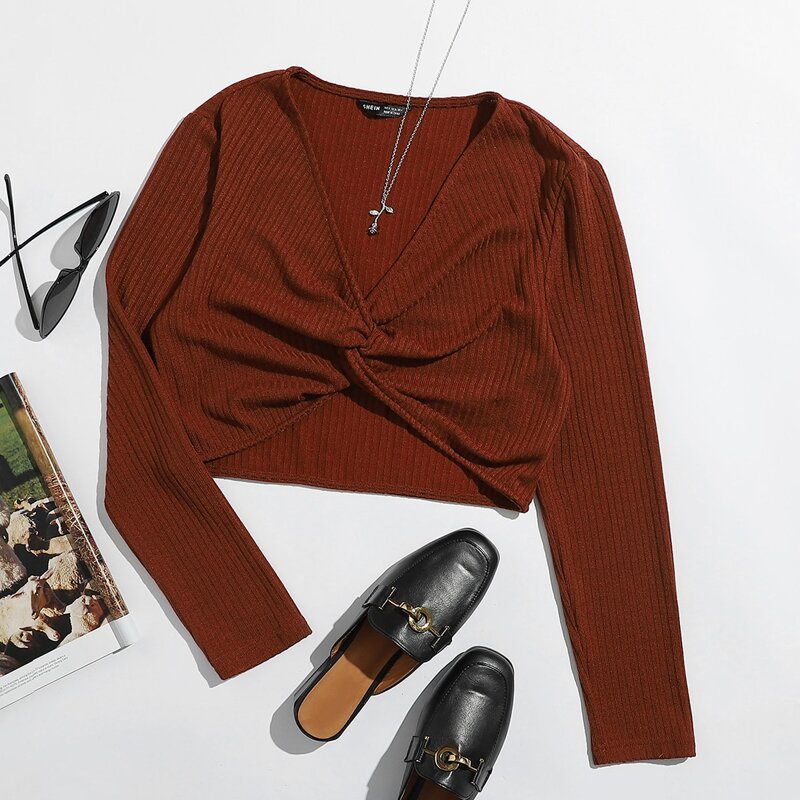 

Twist Front Rib-knit Tee, Brown