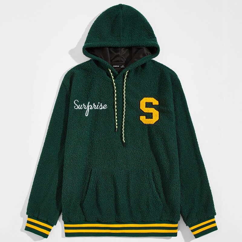 

Guys Letter Embroidery Striped Hem Teddy Hoodie, Dark green