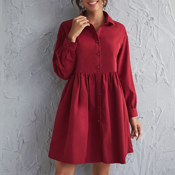 

Drop Shoulder Solid Shirt Smock Dress, Burgundy