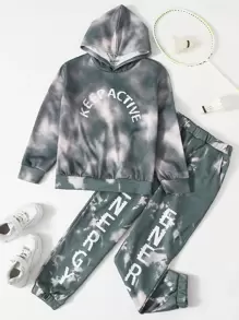 SHEIN 男孩標語圖案紮染連帽衫和運動褲套裝 - 彩色 - 查看 1