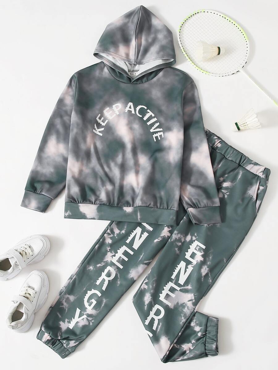 SHEIN 男孩標語圖案紮染連帽衫和運動褲套裝 - 彩色 - 查看 1