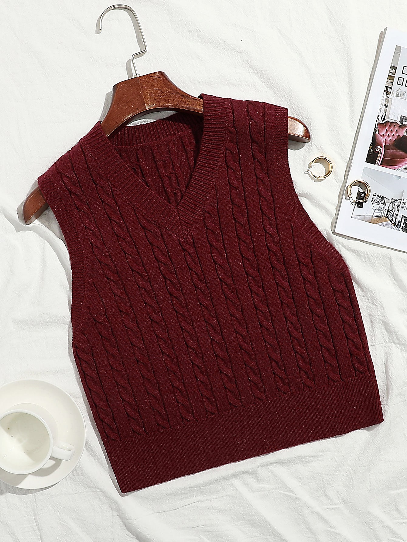 V Neck Cable Knit Sweater Vest thumbnail