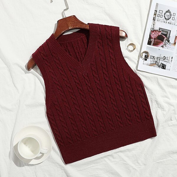 

V Neck Cable Knit Sweater Vest, Burgundy