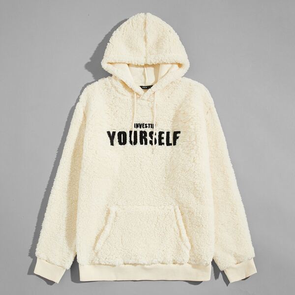 

Men Letter Embroidery Teddy Hoodie, Beige