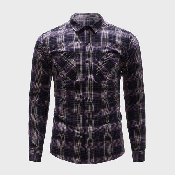 

Men Tartan Print Button Front Dual Pocket Shirt, Multicolor
