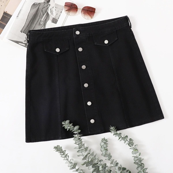 

Plus Single Breasted Front Denim Skirt, Black