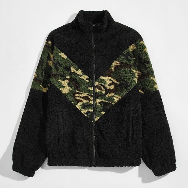 

Men Camo Chevron Teddy Jacket, Black