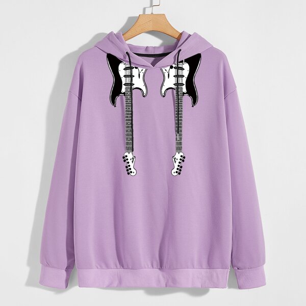 

Men Guitar Print Drawstring Hoodie, Lilac purple