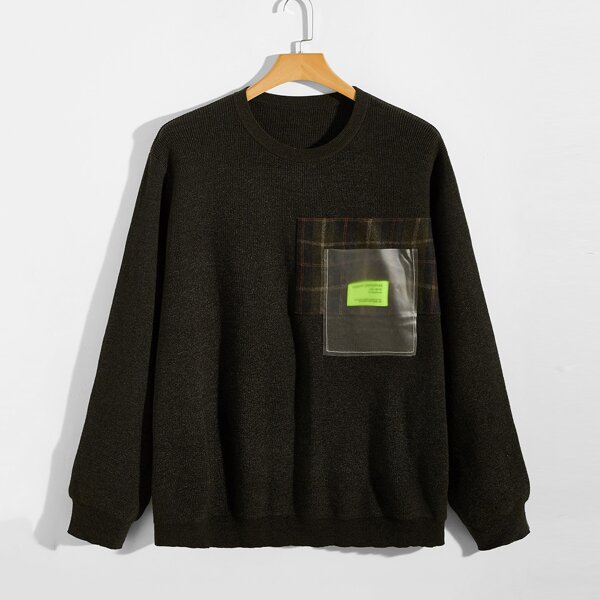 

Men Plaid Letter Patched Sweater, Dark grey