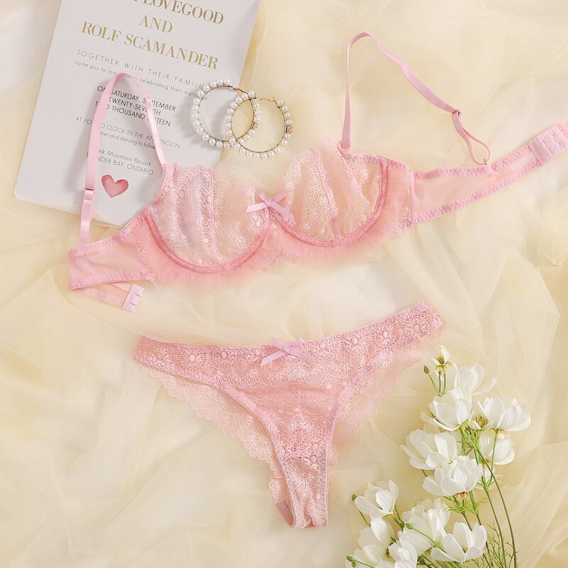 

Floral Lace Underwire Lingerie Set, Pastel baby pink