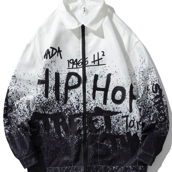 

Men Contrast Panel Letter Graphic Zip Up Jacket, Black and white