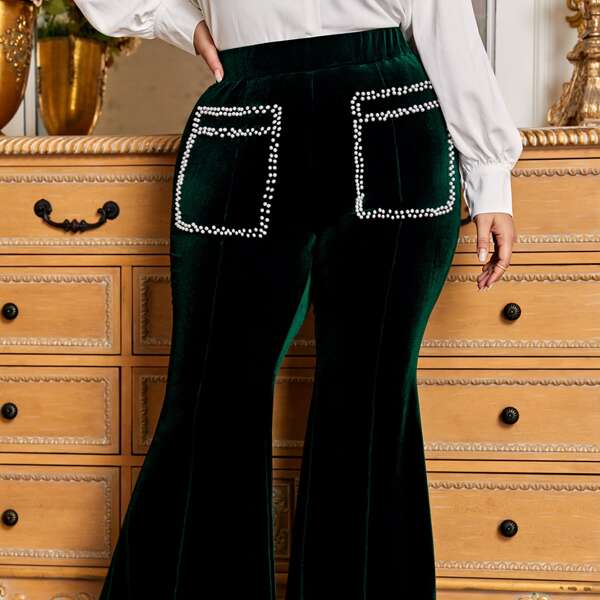 

Plus Pearl Detail Wide Leg Velvet Pants, Dark green