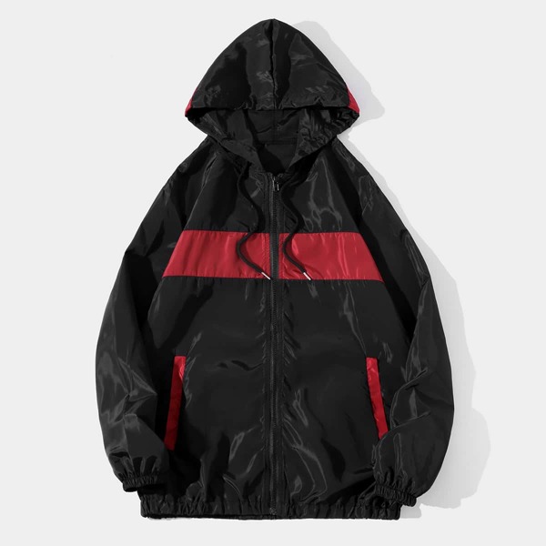 

Men Contrast Panel Drawstring Windbreaker Jacket, Black