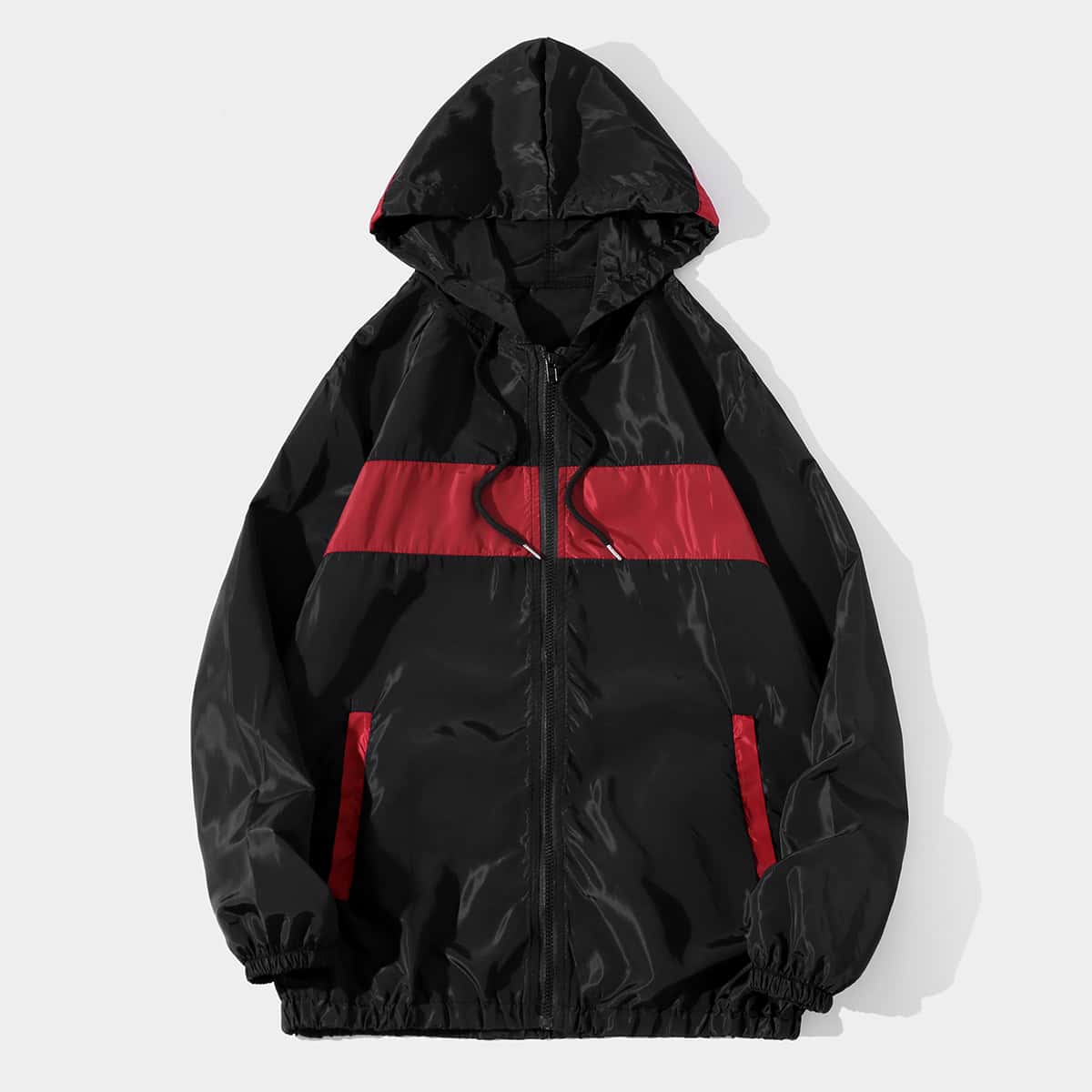 

Guys Contrast Panel Drawstring Windbreaker Jacket, Black